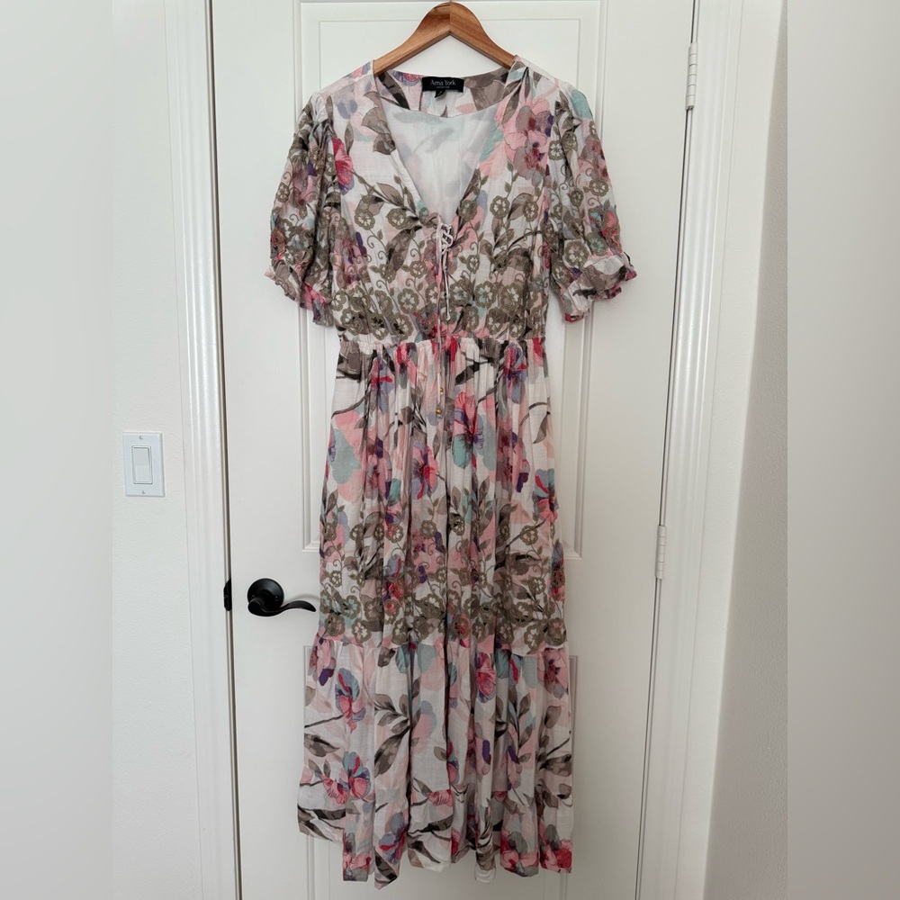 Arna York Floral Midi Dress | Pastel Cottagecore Boho Chic Ruffle Tiered V-Neck